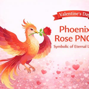 May include: A vibrant illustration for Valentine's Day features a phoenix holding a red rose, with text that reads "Phoenix Rose PNGs, Symbolic of Eternal Love." The background is a soft pink with heart shapes.