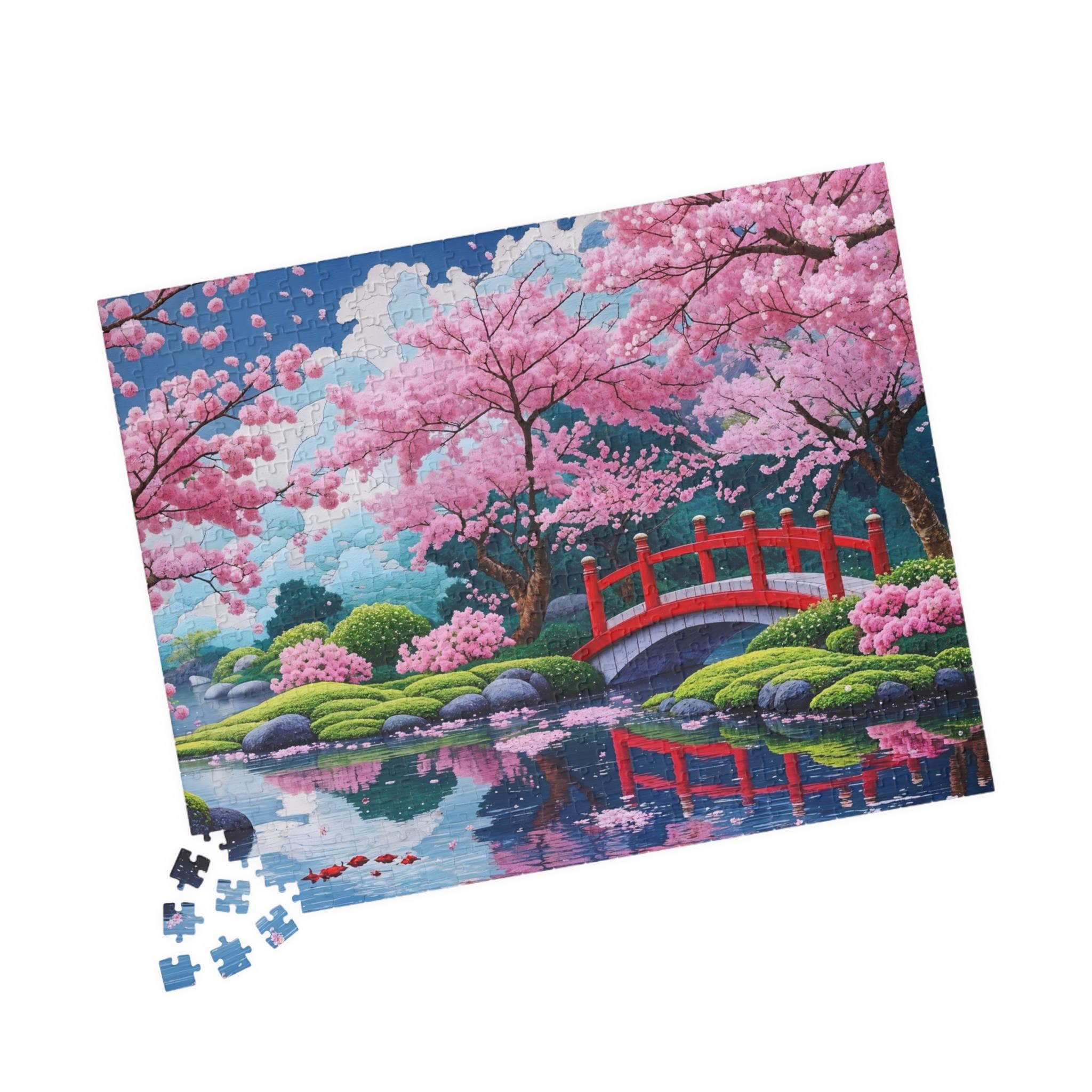 Cherry Blossom Bridge Jigsaw Puzzle: Japanese Zen Garden (520