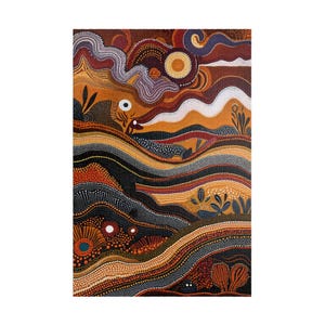 May include: Abstract painting with a colorful, swirling design. The painting features a variety of colors, including brown, orange, yellow, red, and black. The design is reminiscent of a landscape with hills and valleys. The painting is created using a dot technique.