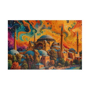 May include: A colorful painting of the Hagia Sophia mosque in Istanbul, Turkey. The mosque is depicted with a swirling, psychedelic sky above it.