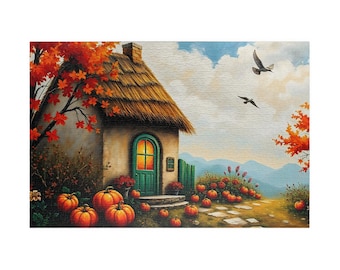 Autumn Cottage Jigsaw Puzzle: Cozy Pumpkin Harvest Landscape
