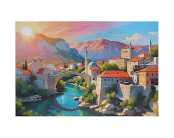 Mostar Bosnia Jigsaw Puzzle: Stari Most Sunset, Oil Painting Style