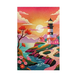 Sunset Lighthouse Adult Jigsaw Puzzle 500 1000 Piece,  Whimsical Beach House Puzzle, Gift for Her, Coastal Scene Puzzle