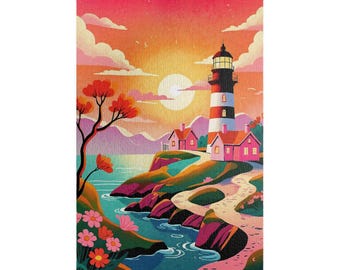 Sunset Lighthouse Jigsaw Puzzle: Whimsical Coastal Scene, 500/1000 Piece