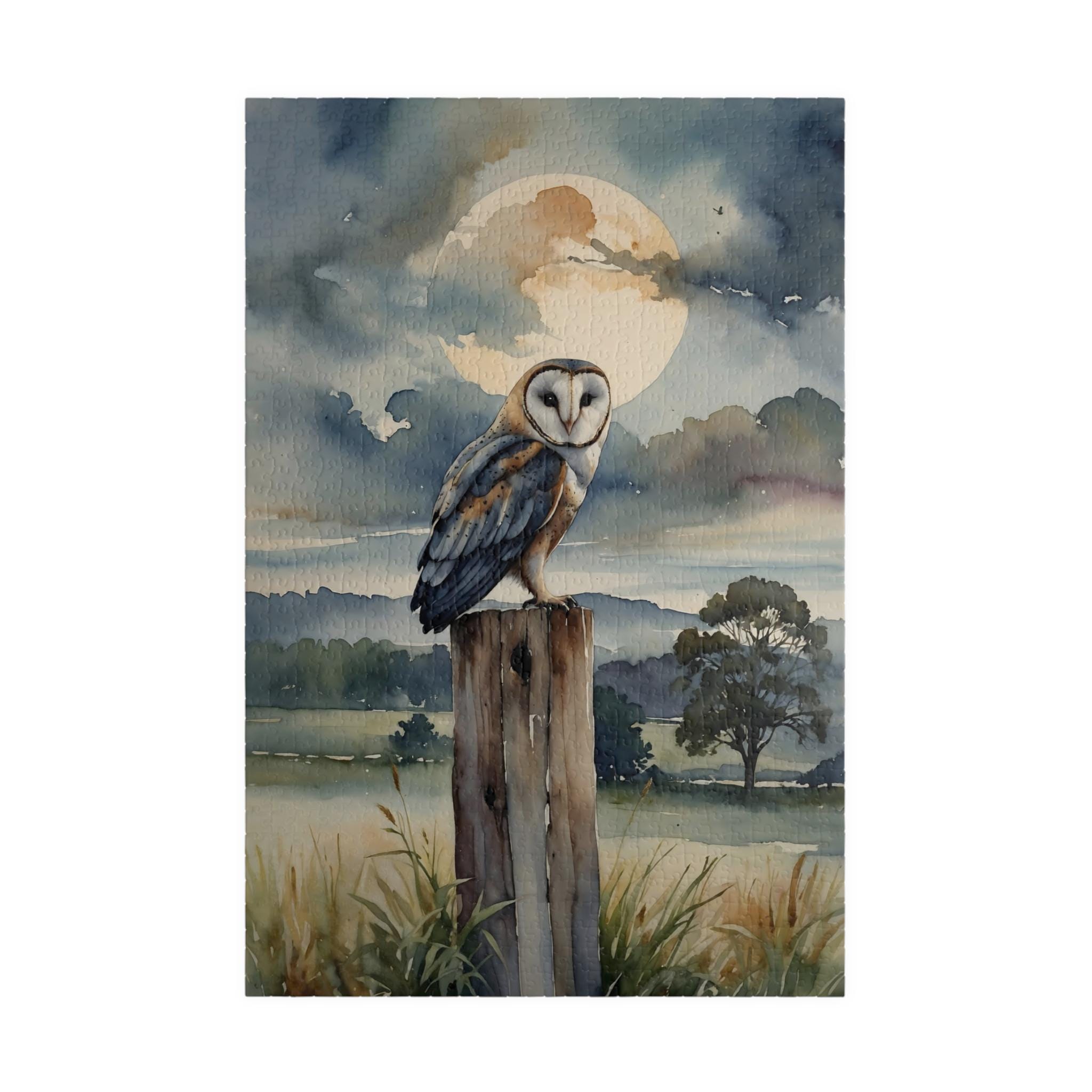 Barn Owl Jigsaw Puzzle: Full Moon Watercolor Wildlife Gift