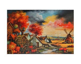 Slavic Village Jigsaw Puzzle: Autumn Harvest Windmill Scene