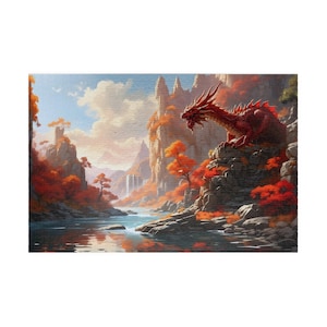 Majestic Red Dragon Adult Jigsaw Puzzle, 500 1000 Piece Puzzle, Mystical Autumn Landscape,  Unique Gift for Friends