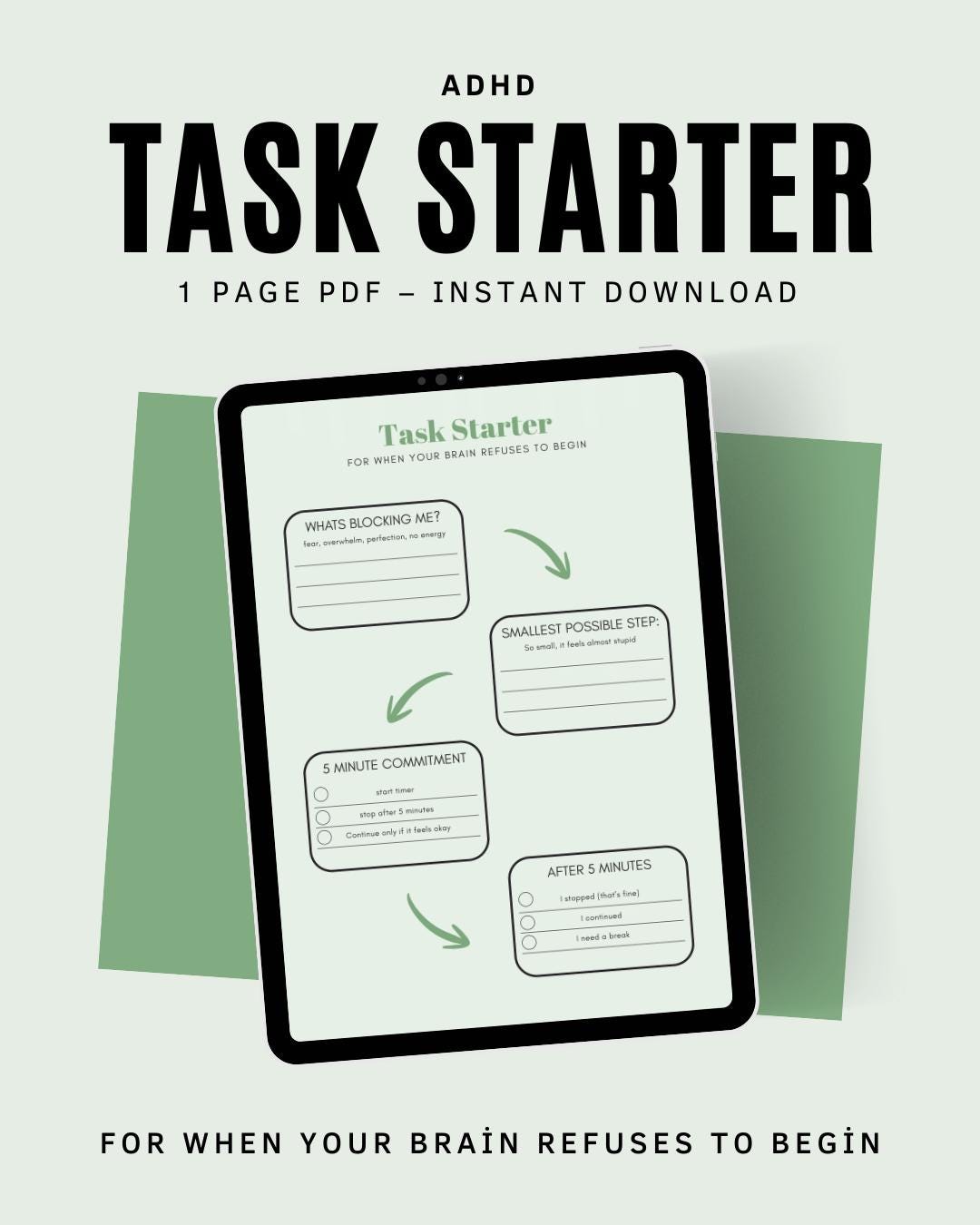 ADHD Task Starter Sheet – Green Edition | Calm One Page Printable for ...