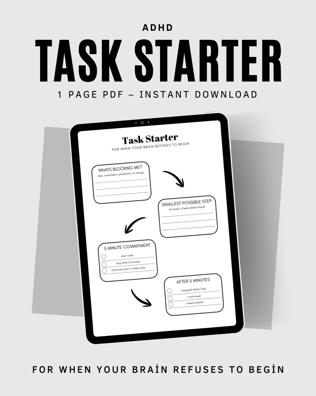 ADHD Task Starter Sheet | 1 Page Printable PDF | Simple Productivity ...