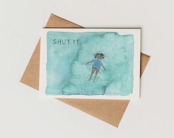 SHUT IT Grußkarte – Aquarell Schwimmerin Illustration | Achtsamkeit Geschenk | A6 mit Umschlag