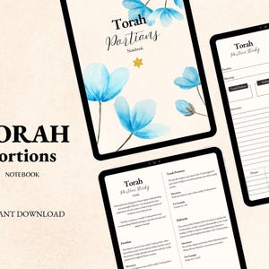 Puede incluir: Cuaderno digital de porciones de la Torá con un diseño floral. La portada presenta el texto "Torah Portions Notebook" con flores azules de acuarela. La imagen también incluye una guía de estudio con el texto "Torah Portion Study" e "Instant Download".
