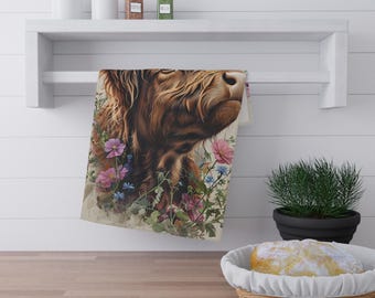 Highland Cow Tea Towel – Farmhouse Kitchen Linens, Scottish Cattle