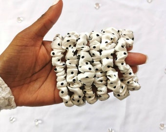 Polka Dot Skinny Scrunchie - Shiny Silky Hair Tie, Black and White Dotted Ponytail Holder, Patterned Hair Elastics, Cute Gift or Party Favor