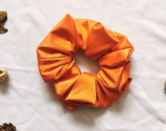 Pumpkin Scrunchie - Fall Vibes, Autumn Orange Sateen Hair Scrunchie, Large Scrunchie, Big Ponytail Holder
