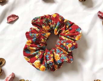 Upcycled Autumn Floral Scrunchie - Cute Vintage Florals Scrunchie, Recycled Fashion, Maroon Flower Print, Fall Cottagecore Hair Tie