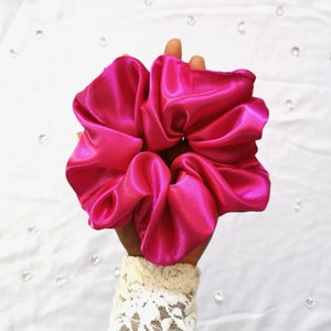 Big Fuchsia Scrunchie - Pink Satin Scrunchie, Magenta Silky Hair Tie, Cute Hair Accessory, Large Ponytail Holder