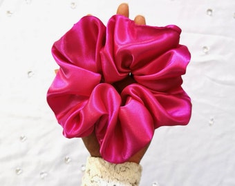 Big Fuchsia Scrunchie - Pink Satin Scrunchie, Magenta Silky Hair Tie, Cute Hair Accessory, Large Ponytail Holder