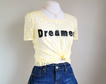 Dreamer Lace T-Shirt in Sunshine Yellow - Vsco Cute Summer Top, Faux Leather and Lace Handmade Tee, Size Small