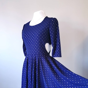 Heart Cut Out Sides Skater Dress Studded Navy Blue Dress with Sleeves, Slow Fashion, Feminine Clothing, One of a Kind Size Small image 1