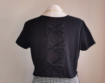 Black Bow Back Boxy Crop Top - Feminine Clothing, Eco-Friendly Upcycled Tee