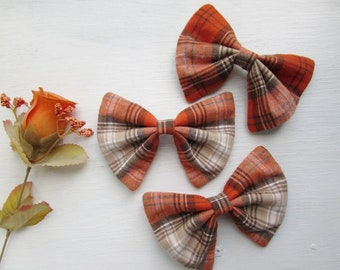 Plaid Hair Bow in Pumpkin Spice - Orange Women's Hair Bow with French Barrette