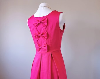 Pretty in Pink Bow Back Pleated Dress - Hot Pink Dress, Fit and Flare Dress, Slow Fashion, One of a Kind Handmade Dress in Size Medium