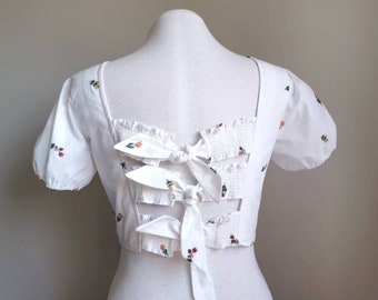 Sweet Summer Tie Back Crop Top - White Cotton Summer Top with Puff Sleeves, Coquette Clothing, Cute Upcycled Clothing, Size Large