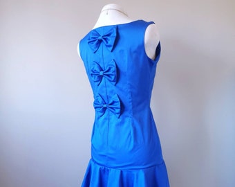 Bow Back Drop Waist Dress - Cobalt Blue Dress with Bows and Ruffle Hem, One of a Kind Dress in Size Medium