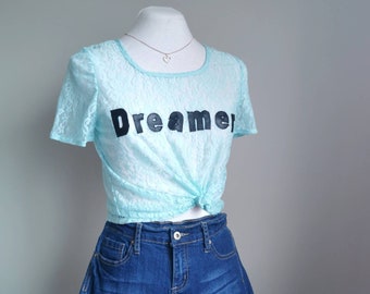 Dreamer Lace T-Shirt en Seafoam Blue - Pastel Blue Faux Leather and Lace Summer Tee, Size Small