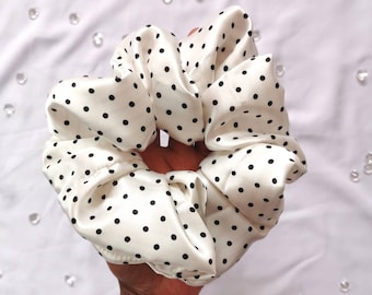 Big Polka Dot Scrunchie - Dotted Satin Scrunchie, Black and White Silky Hair Tie, Cute Hair Accessory, Large Ponytail Holder