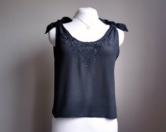 Black Beauty Tie Shoulder Top - Adjustable Tie Straps, Embroidered Neckline, Slow Fashion, Upcycled Clothing, Size Small