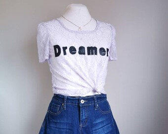 Dreamer Lace T-Shirt in Soft Lilac - Pastel Summer Top, Handmade Faux Leather and Lace Tee, Size Medium