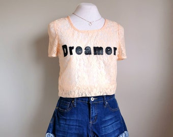 Dreamer Lace T-Shirt in Peach Sorbet - Pastel Cute Women's T-Shirt, Faux Leather and Lace Top, Size Small