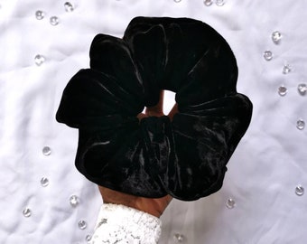 Midnight Black Velvet Scrunchie - Big Fluffy Upcycled Hair Scrunchie, Cute Repurposed Scrunchie