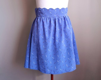Scalloped Confetti Skirt - Printed Blue Skirt with Cloud Shaped Waistband, Handmade One of a Kind Skirt in Size Medium