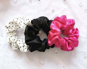 SMALL Fashionista Scrunchie Set of 3 - Black, Pink & Polka Dot Scrunchies, Shiny Silky Hair Ties, Cute Ponytail Holders, Scrunchie Gift Set