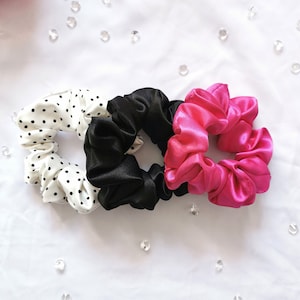 SMALL Fashionista Scrunchie Set of 3 - Black, Pink & Polka Dot Scrunchies, Shiny Silky Hair Ties, Cute Ponytail Holders, Scrunchie Gift Set