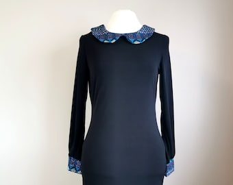 Peter Pan Collar Dress with Charming Aztec Accents - Pencil Fit Black Dress With Long Sleeves in Size Medium