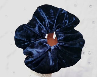 Midnight Blue Velvet Scrunchie - Big Fluffy Upcycled Hair Scrunchie, Cute Repurposed Scrunchie