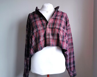 Plum Plaid Cropped Shirt - Upcycled Thrift Find, Fall Fashion Flannel Shirt, Size XL-2X