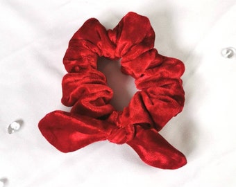 Red Velvet Bow Scrunchie – Crushed Velvet Scrunchie, Lovecore Aesthetic, Cute Ponytail Holder, Handmade Hair Accessory,  Cute Gift