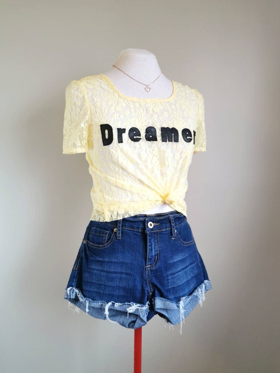 Dreamer Lace T-Shirt in Sunshine Yellow - Vsco Cute Summer Top, Faux Leather and Lace Handmade Tee, Size Small