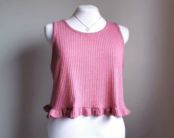 Dusty Rose Ruffle Hem Tank - Sleeveless, Cute Upcycled Clothing, Pink Coquette Clothing, Size Large