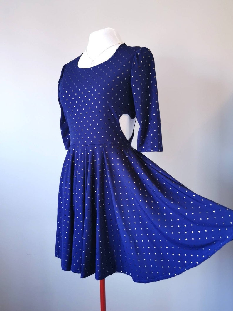 Heart Cut Out Sides Skater Dress Studded Navy Blue Dress with Sleeves, Slow Fashion, Feminine Clothing, One of a Kind Size Small image 1