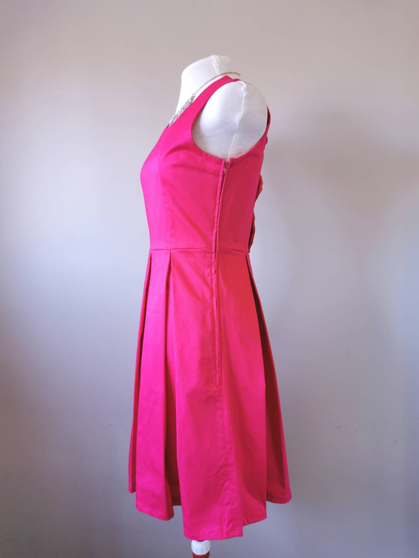 Pretty in Pink Bow Back Pleated Dress - Hot Pink Dress, Fit and Flare Dress,  Slow Fashion, One of a Kind Handmade Dress in Size Medium - Etsy