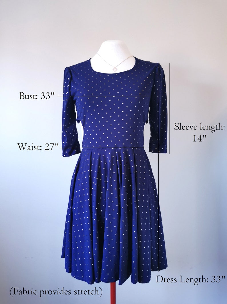 Heart Cut Out Sides Skater Dress Studded Navy Blue Dress with Sleeves, Slow Fashion, Feminine Clothing, One of a Kind Size Small image 9