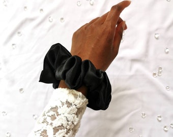 Sleek and Classy Black Hair Scrunchie - Everyday Small Black Scrunchie, Shiny Satin Ponytail Holder