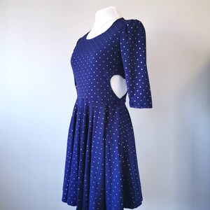 Heart Cut Out Sides Skater Dress Studded Navy Blue Dress with Sleeves, Slow Fashion, Feminine Clothing, One of a Kind Size Small image 3