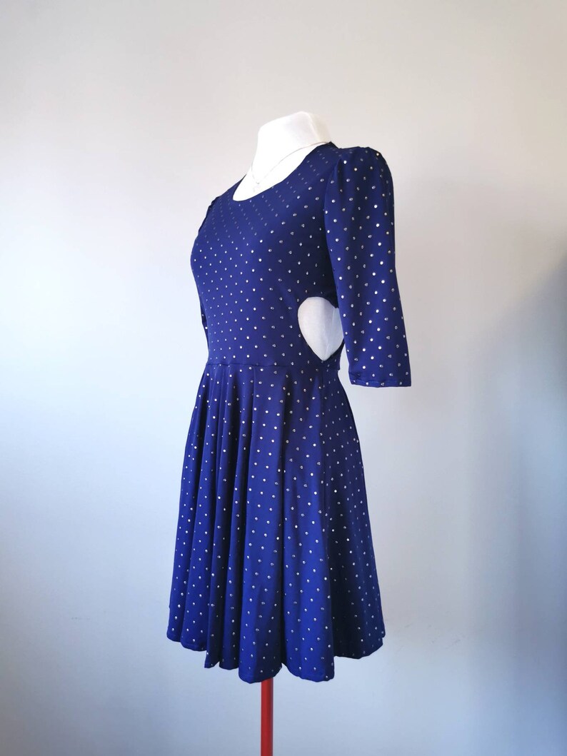 Heart Cut Out Sides Skater Dress Studded Navy Blue Dress with Sleeves, Slow Fashion, Feminine Clothing, One of a Kind Size Small image 3