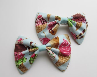 Ice Cream Dream Hair Bow in Blue - Women's Hair Bow with French Barrette, Ice Cream Print Hair Bow Clip, Ice Cream Themed Party